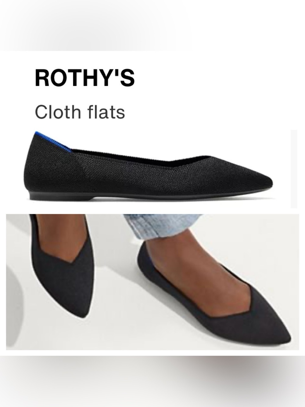 ROTHY’S NWOT Black Pointed Knit Flats With Blue Trim Detail